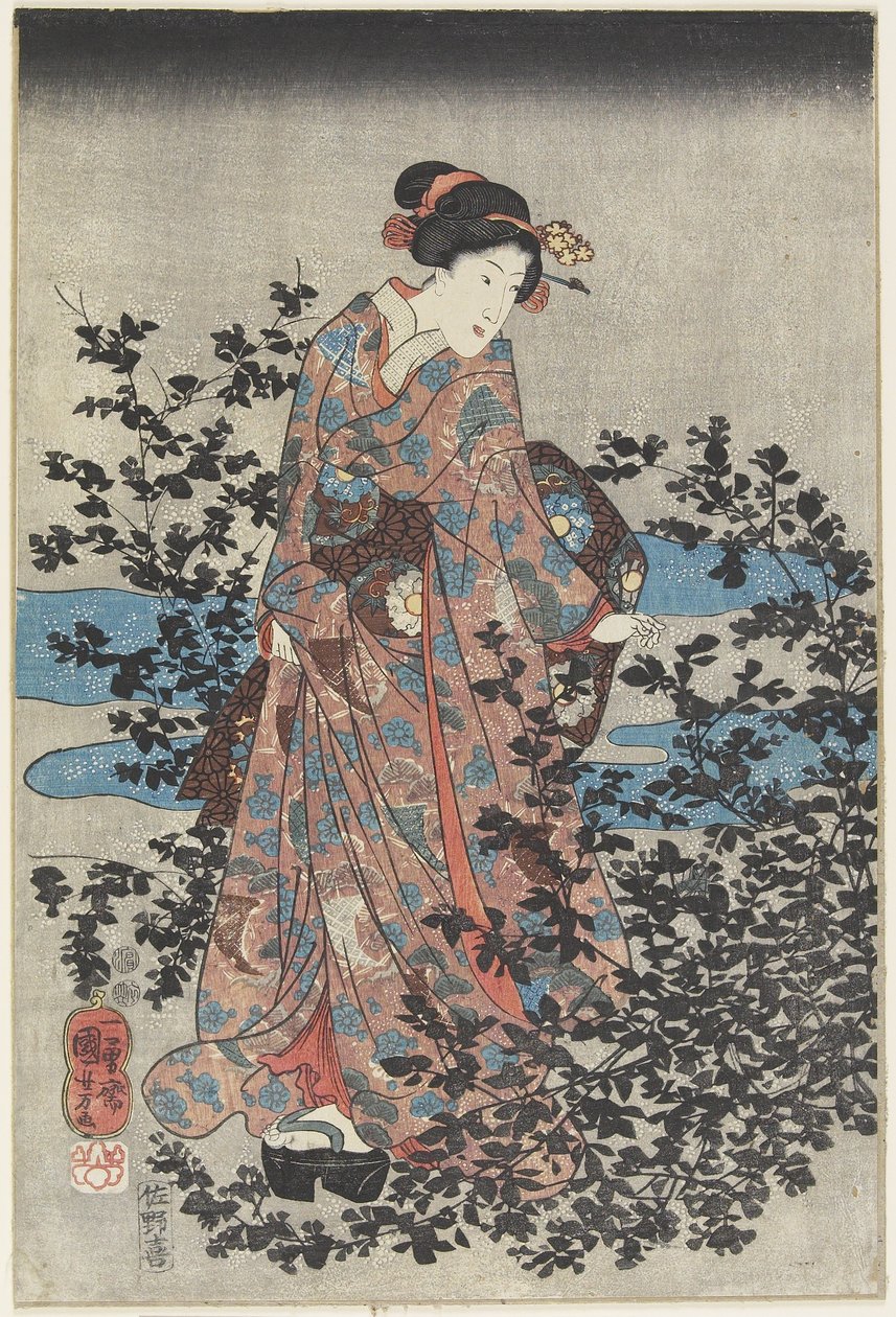 Nachtszene mit einer Schönheit und Buschkleeblättern, 1847-1852 von Utagawa Kuniyoshi