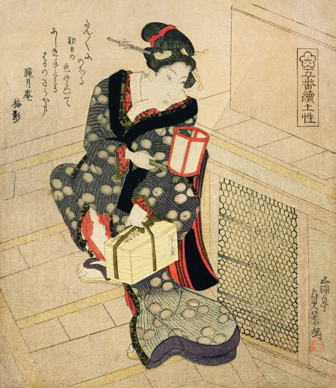 Frau, die die Treppe hinaufsteigt und eine Lampe und eine Schachtel hält von Utagawa Sadakage