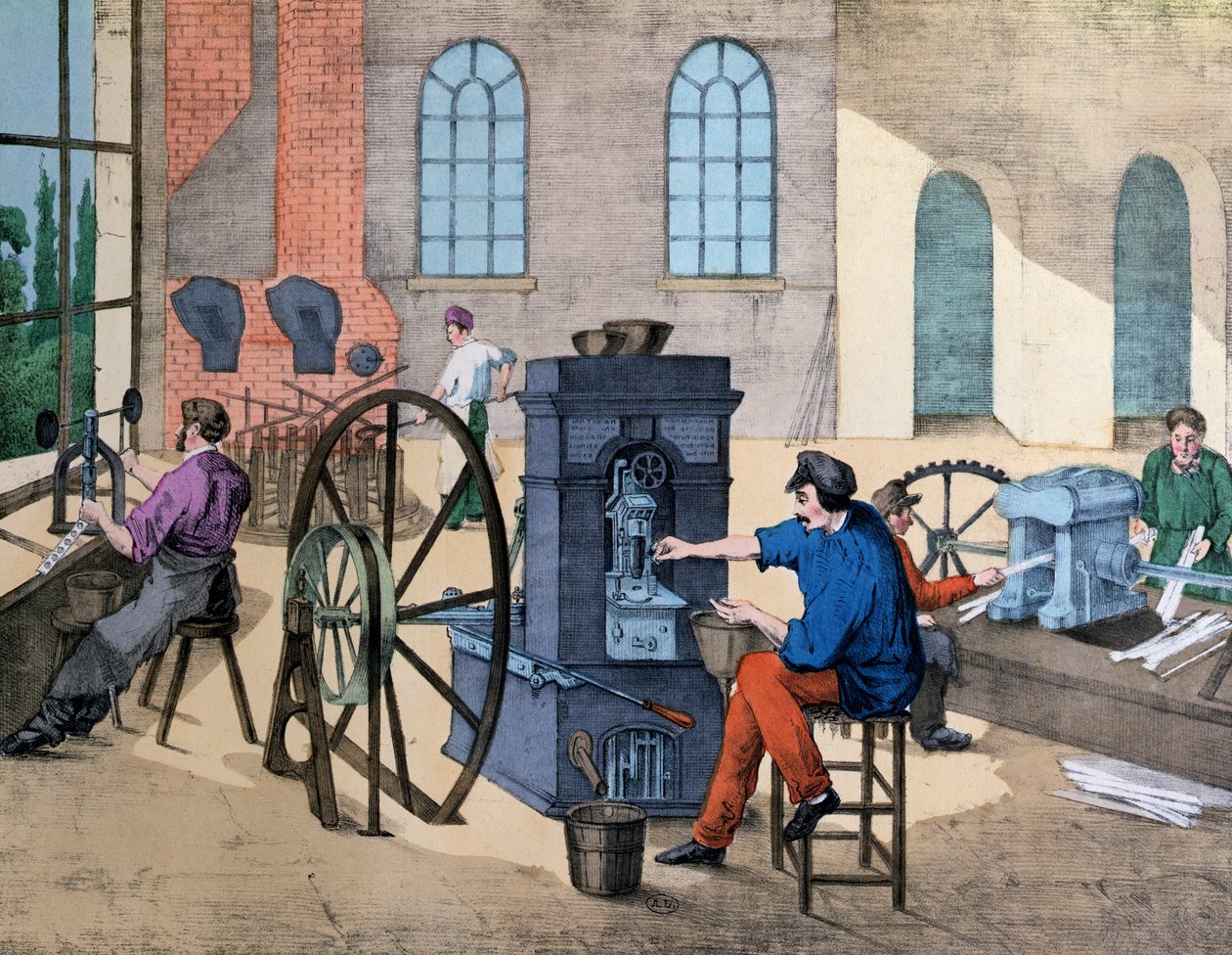 Arbeiter, der Geld in der Monnaie de Paris prägt, Platte 9 aus einem Lehrbuch über Industrien und Berufe, veröffentlicht ca. 1860 von V. Janson