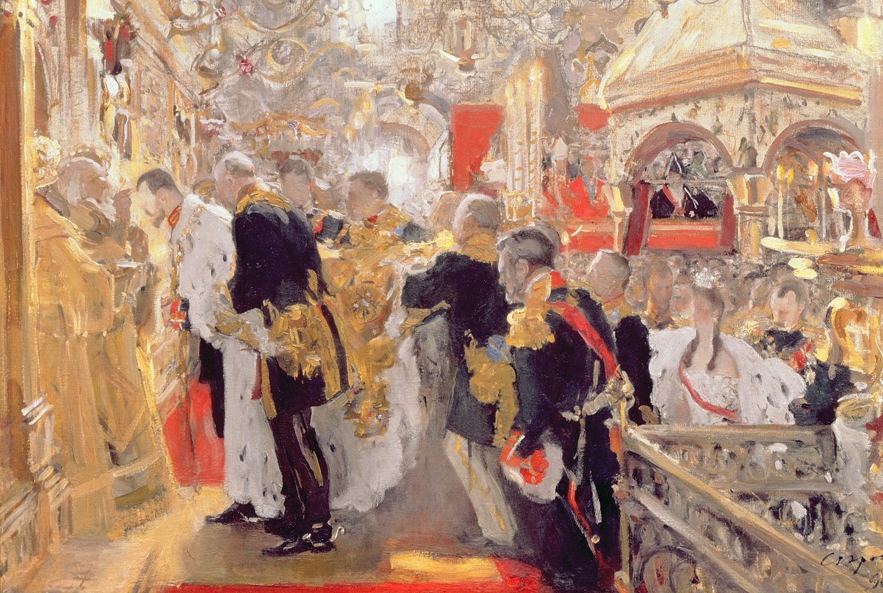 Die Krönung von Kaiser Nikolaus II. (1868-1918) in der Mariä-Entschlafens-Kathedrale, 1896 von Valentin Aleksandrovich Serov