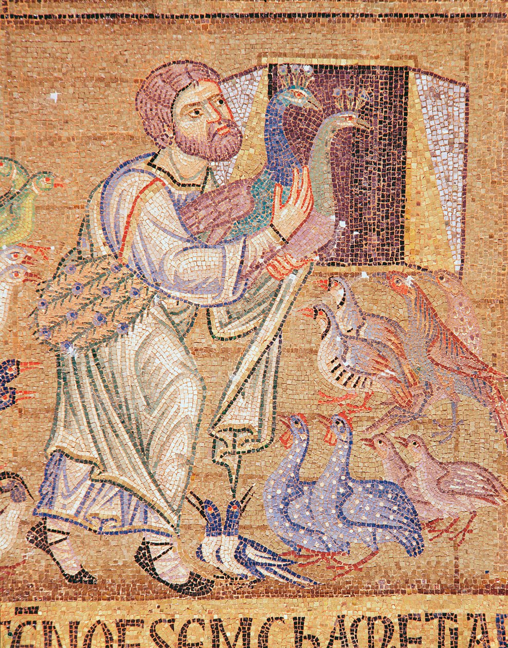 Die Sintflut, aus dem Atrium, Detail von Noah, der Pfauen auf die Arche bringt von Byzantine School