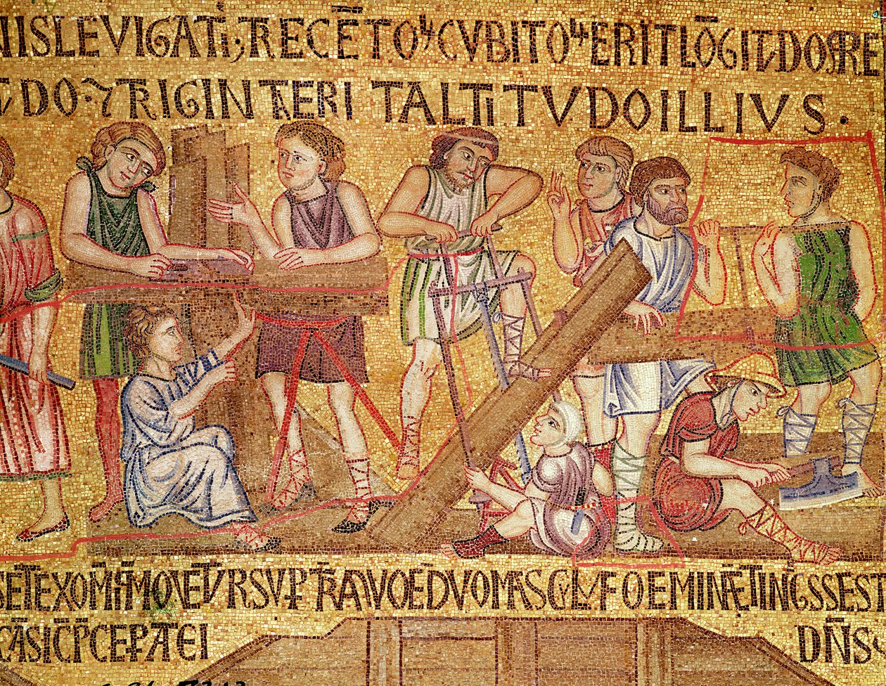 Die Sintflut, aus dem Atrium, Detail des Baus der Arche (Mosaik) von Byzantine School