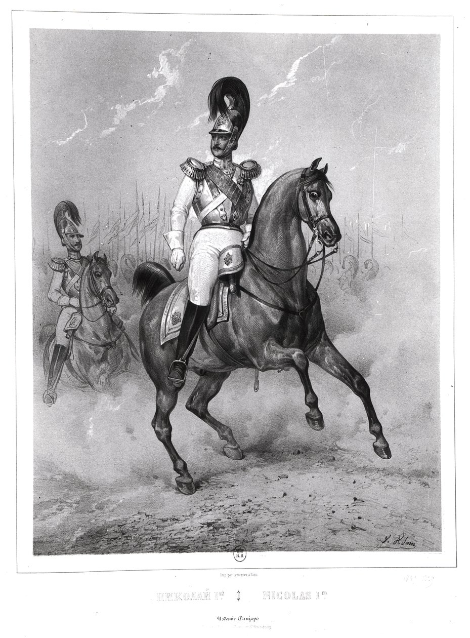 Porträt von Nikolaus I. Pawlowitsch (1796-1855) zu Pferd mit seiner Armee von Victor Adam