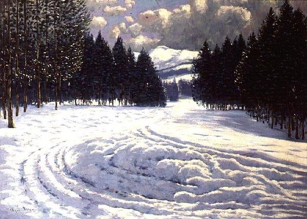 Schlitten Spuren in einer verschneiten Lichtung von Victor Olgyai