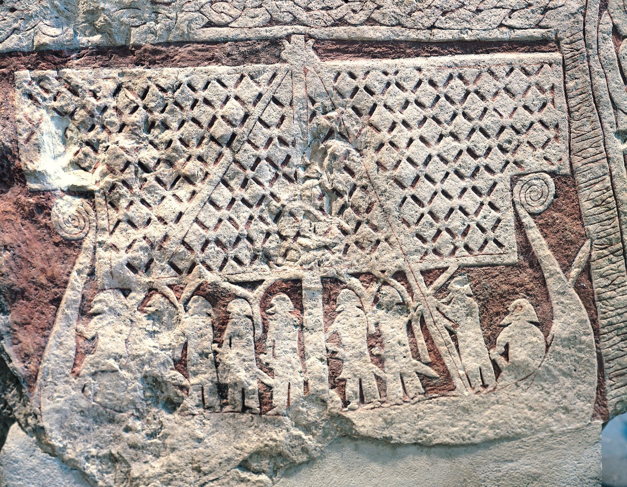 Detail eines Bildsteins, der ein Wikingerschiff darstellt, von der Insel Gotland von Viking