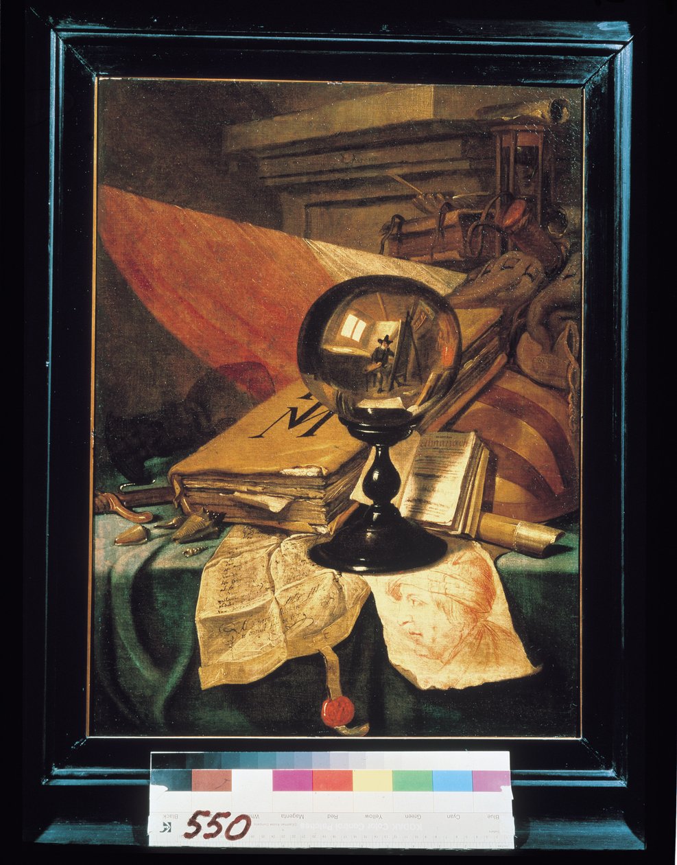Vanitas mit einer Kristallkugel von Vincent Laurensz van der Vinne