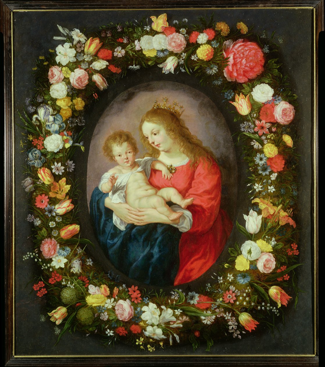 Madonna und Kind in einem Blumenkranz von Vincent Sellaer
