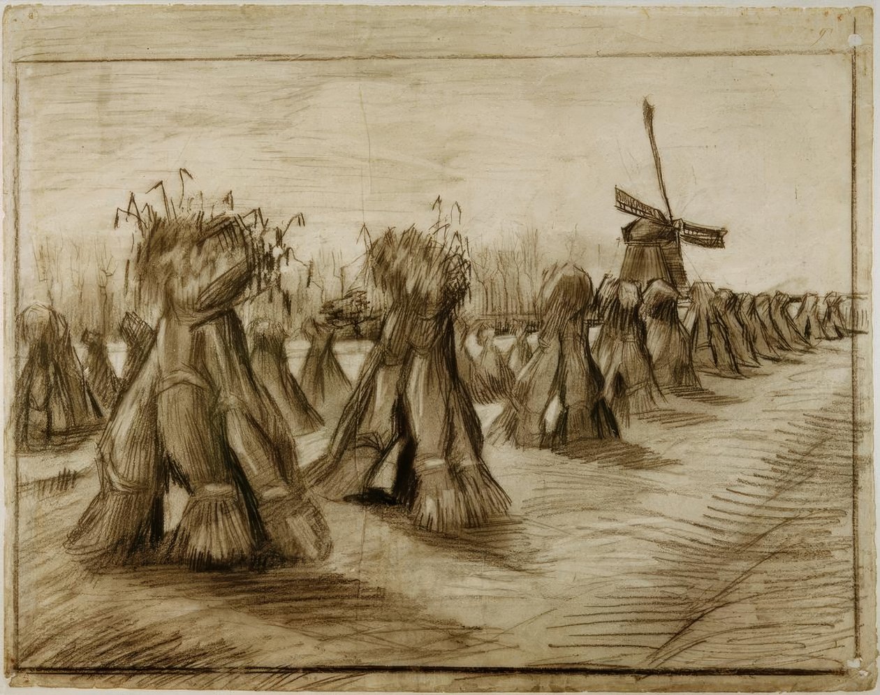 Kornbündel und Windmühle von Vincent van Gogh
