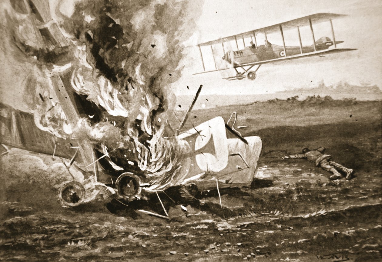 Second-Lieutenant Patrick kurz vor der Landung neben einem deutschen Flugzeug, das er abgeschossen hatte von W. Avis