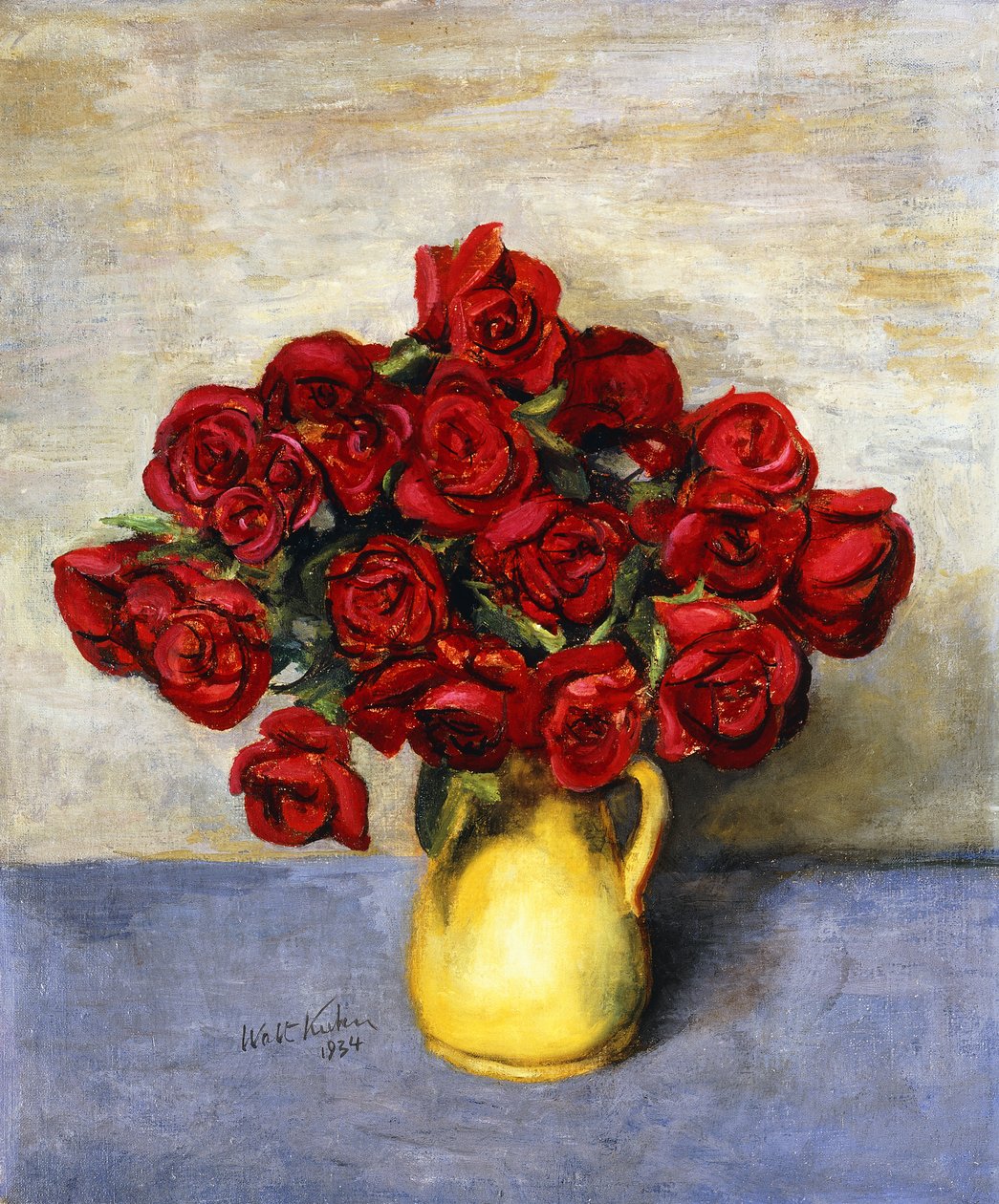 Rote Rosen in einem gelben Krug von Walt Kuhn