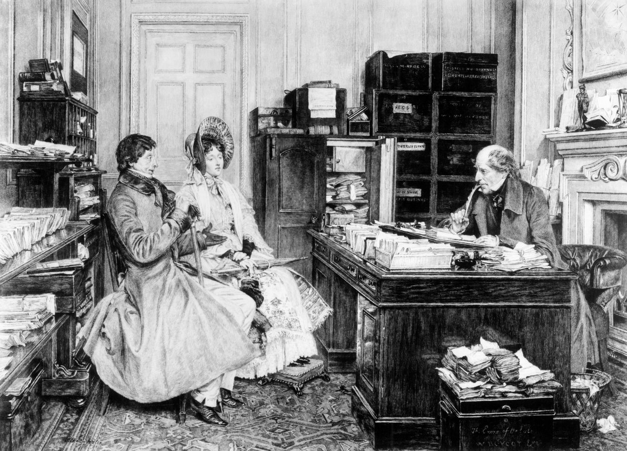 Im Büro des Anwalts, graviert von James Dobie (geb. 1849) von Walter Dendy Sadler
