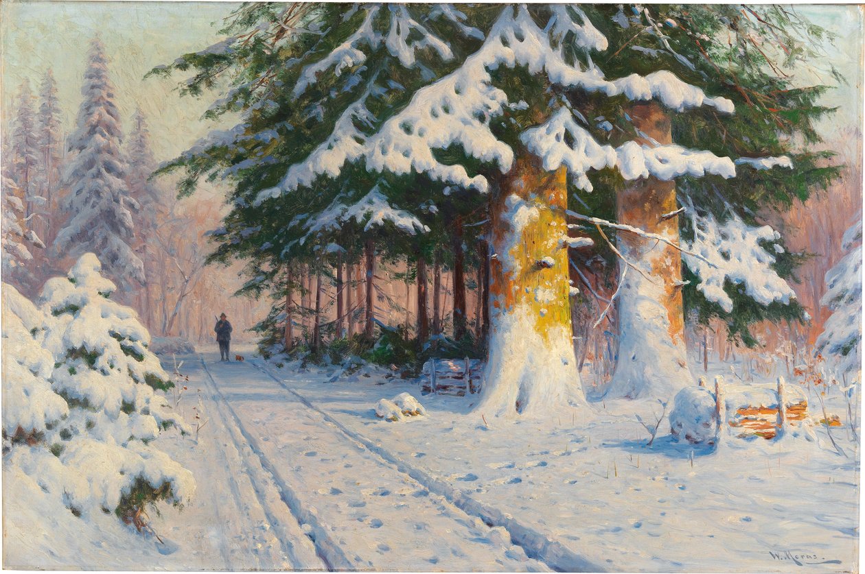 Jäger kehrt in einem winterlichen Wald nach Hause zurück von Walter Moras