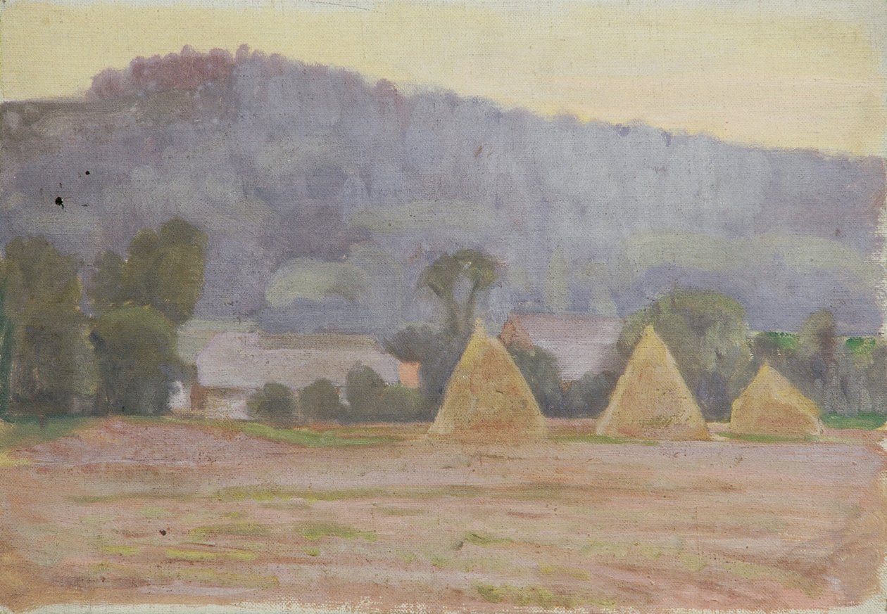 Landschaft mit Heuschobern von Walther Gamerith