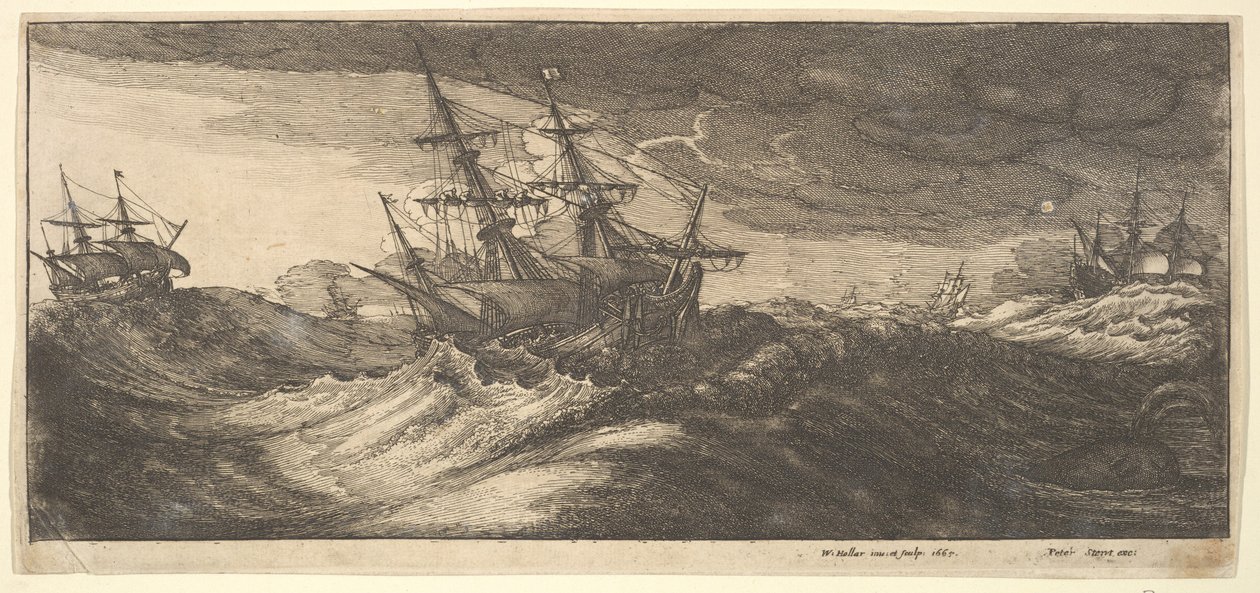 Kriegsschiff und ein spritzender Wal, 1665 von Wenceslaus Hollar
