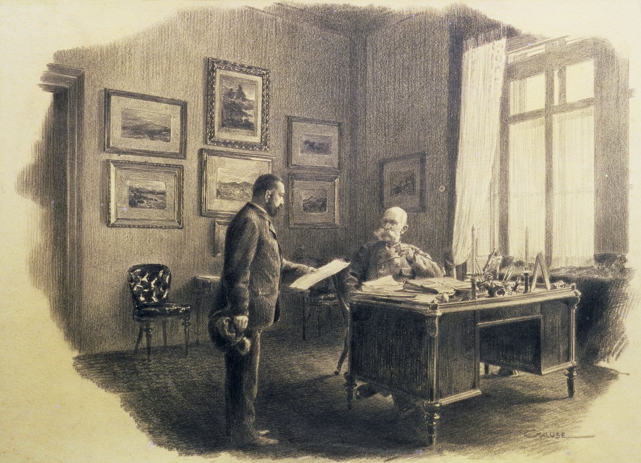 Kaiser Franz Joseph I. von Österreich (1830-1916) an seinem Schreibtisch in Jagdrock (Bleistift) von Wilhelm Gause