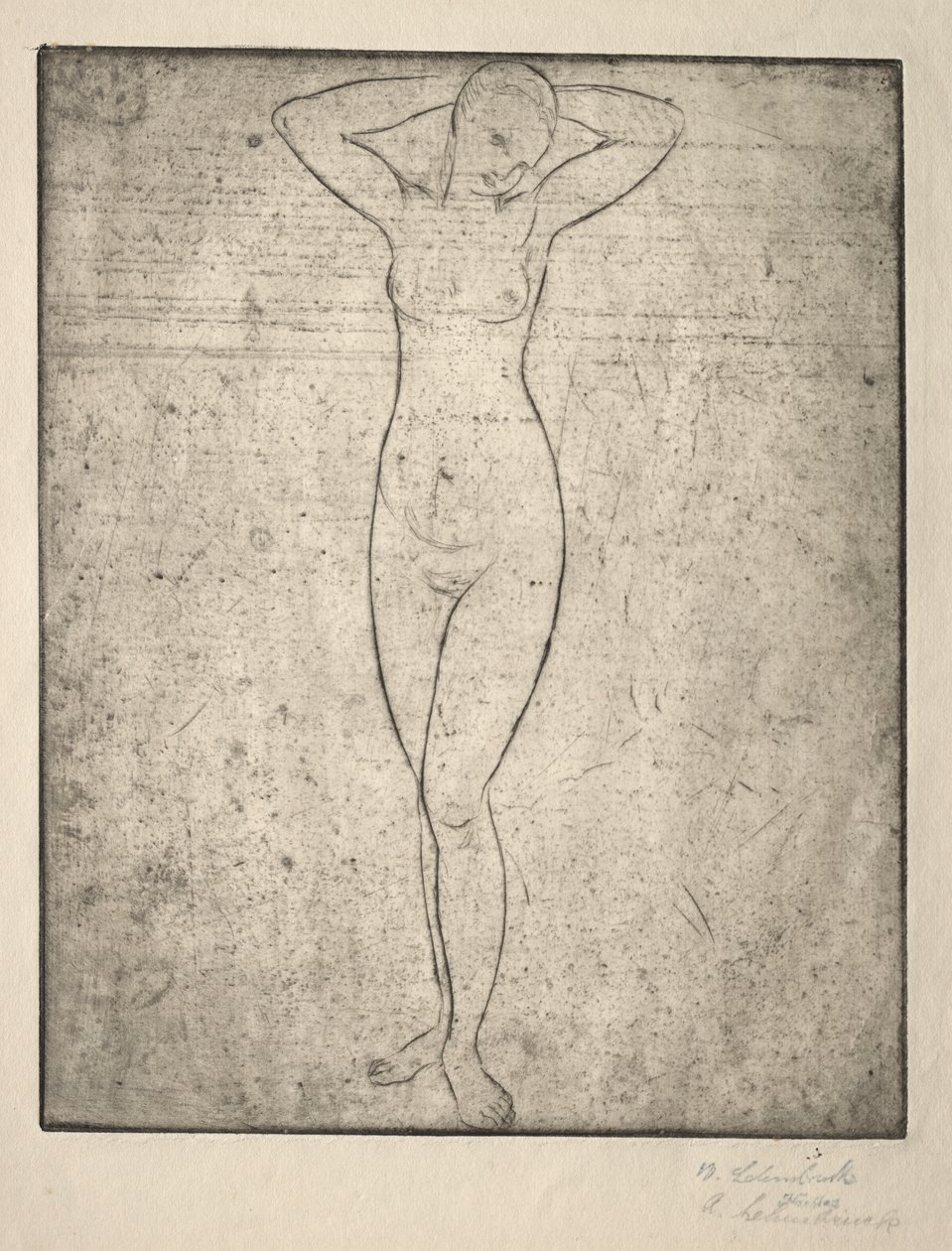 Stehendes Mädchen mit Armen hinter dem Kopf von Wilhelm Lehmbruck