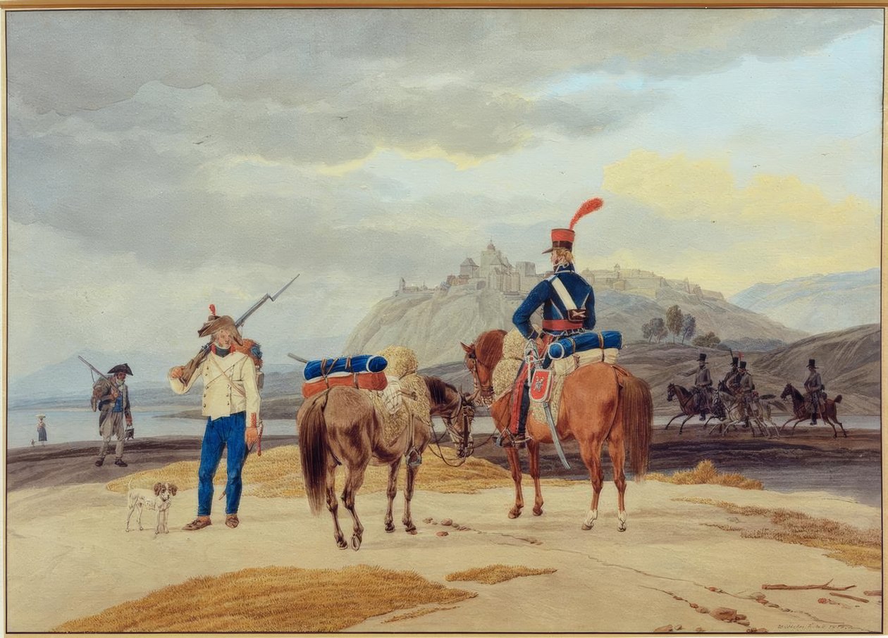 Französische Soldaten vor einer Festung von Wilhelm von Kobell