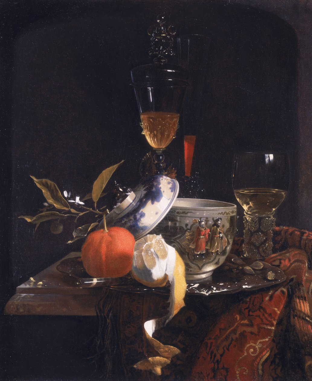 Stillleben mit chinesischem Zuckergefäß, Glasbecher und Früchten von Willem Kalf