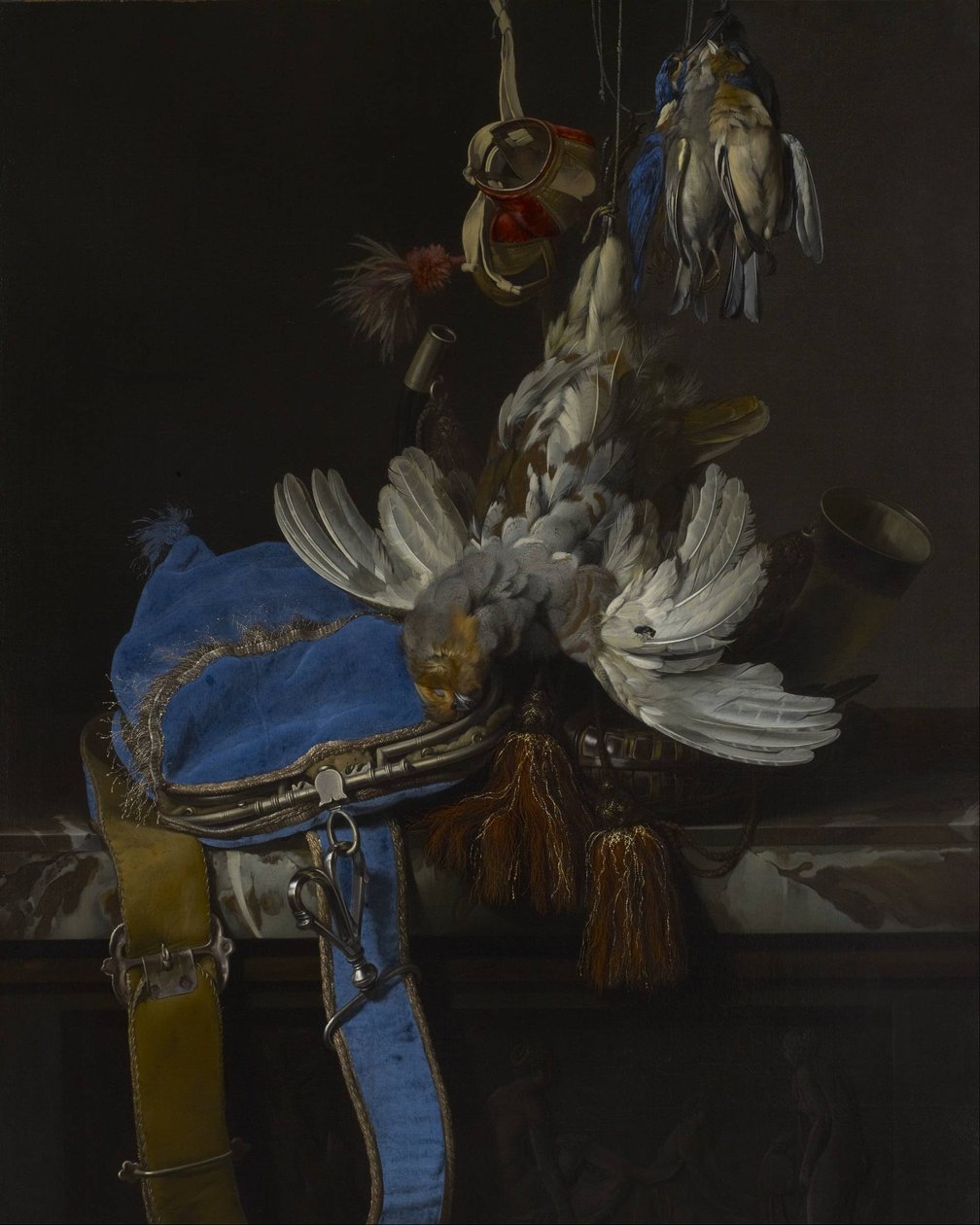 Jagdstillleben mit einer Samttasche auf einer Marmorkante von Willem van Aelst