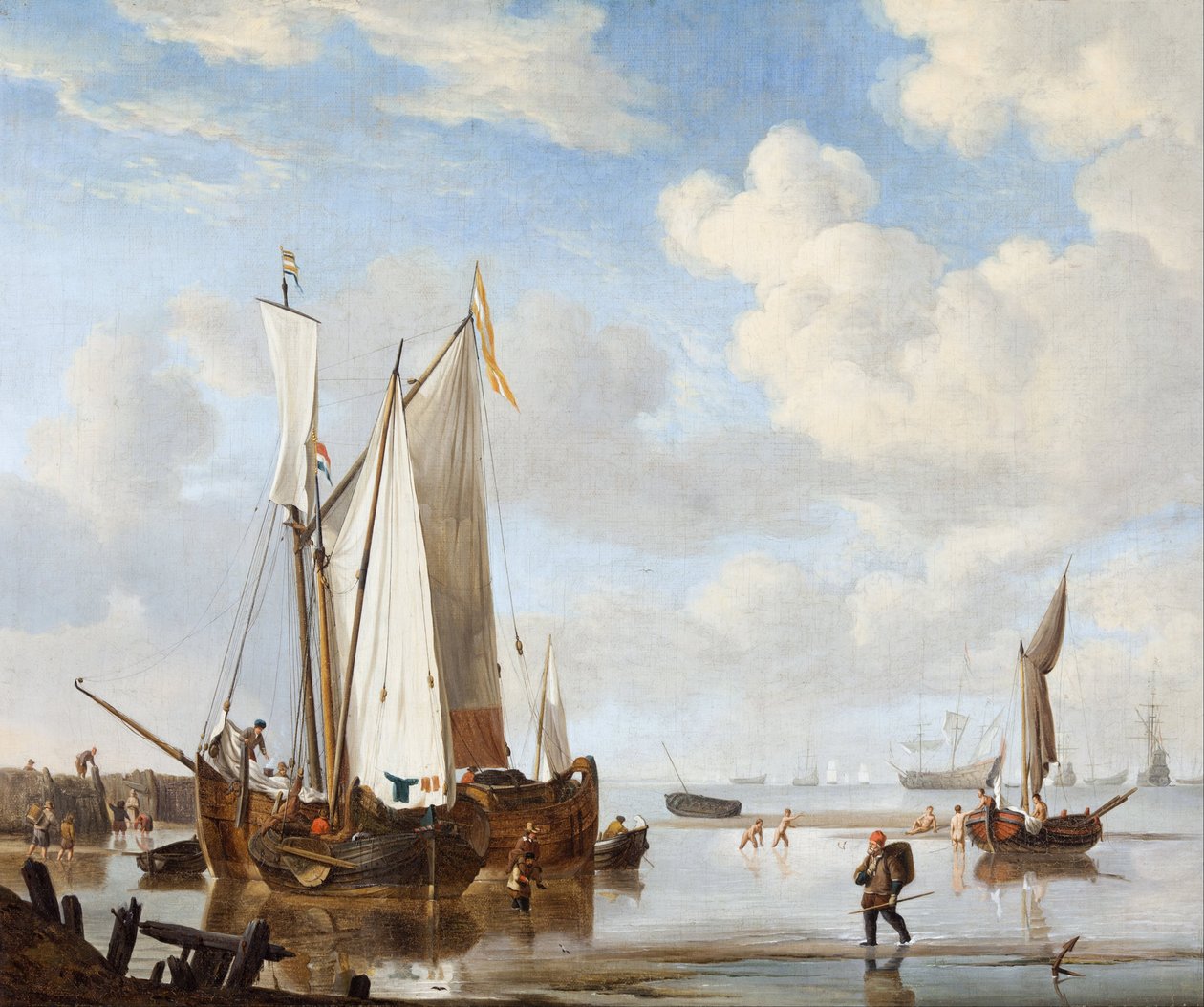 Ein Wijdschip und eine Kaag in einer Bucht nahe einer Seemauer von Willem Velde Younger and the de van workshop