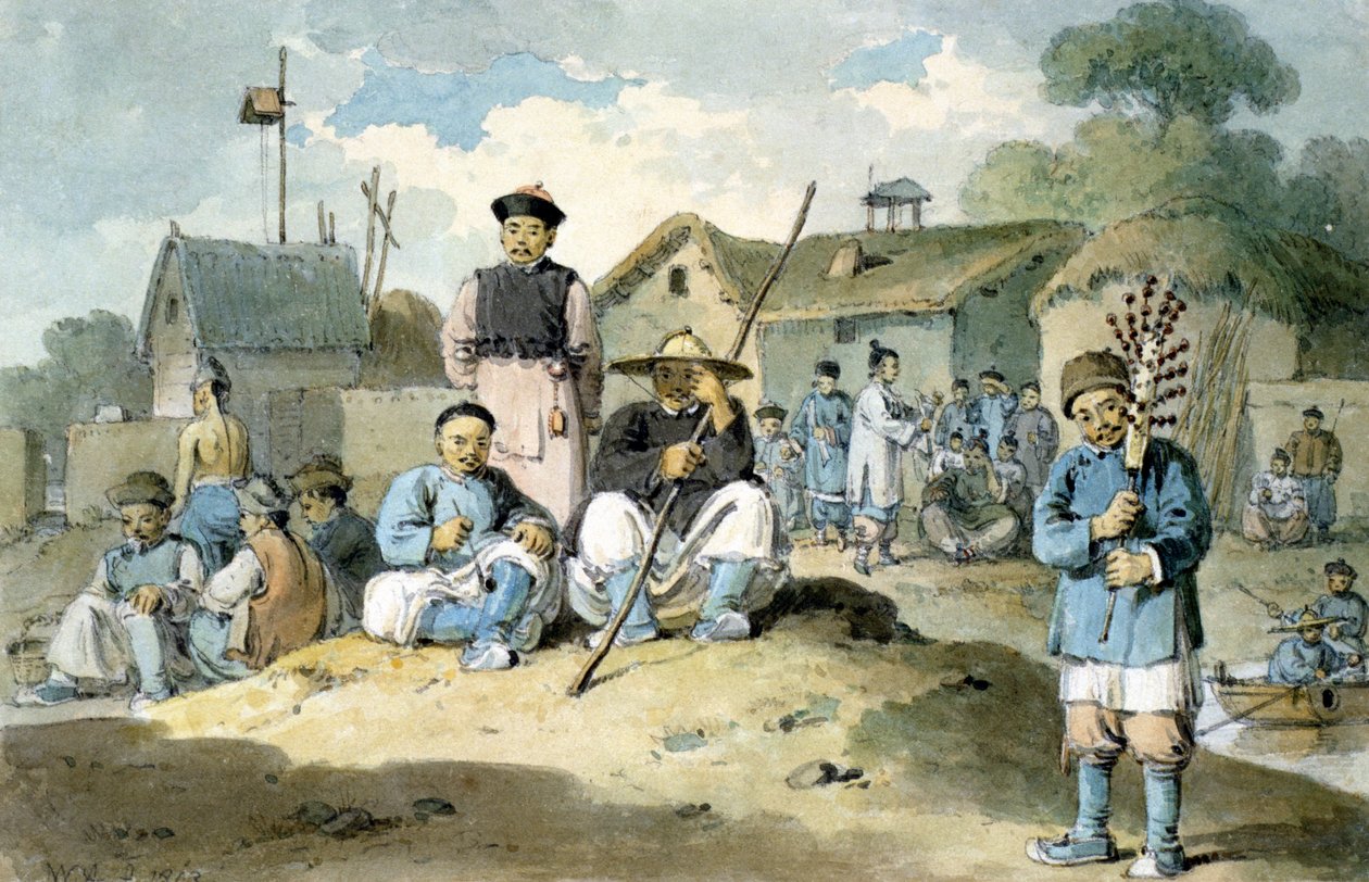Eine Gruppe Chinesen am Ufer eines Flusses, die die Botschaft des Earl Macartney vorbeiziehen sehen, 1793 von William Alexander