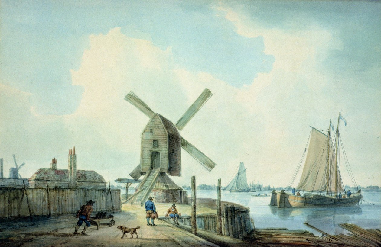 Küstenszene mit Windmühlen und Schiffen von William Anderson