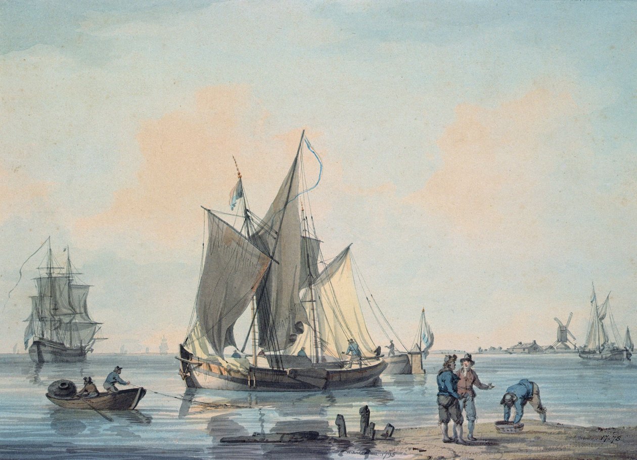 Küstenszene mit Schiffen und Figuren von William Anderson