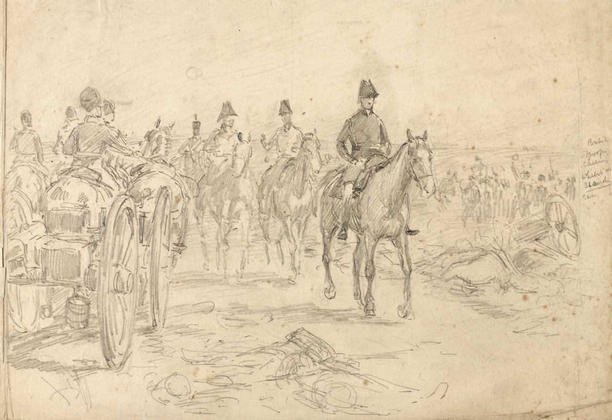 Britische Truppen jubeln im Stehen, 1815, ca. 1890 von William Barnes Wollen