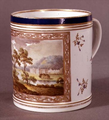 Pinxton-Tasse, bemalt mit einer Ansicht von Chatsworth, ca. 1800 von William Billingsley