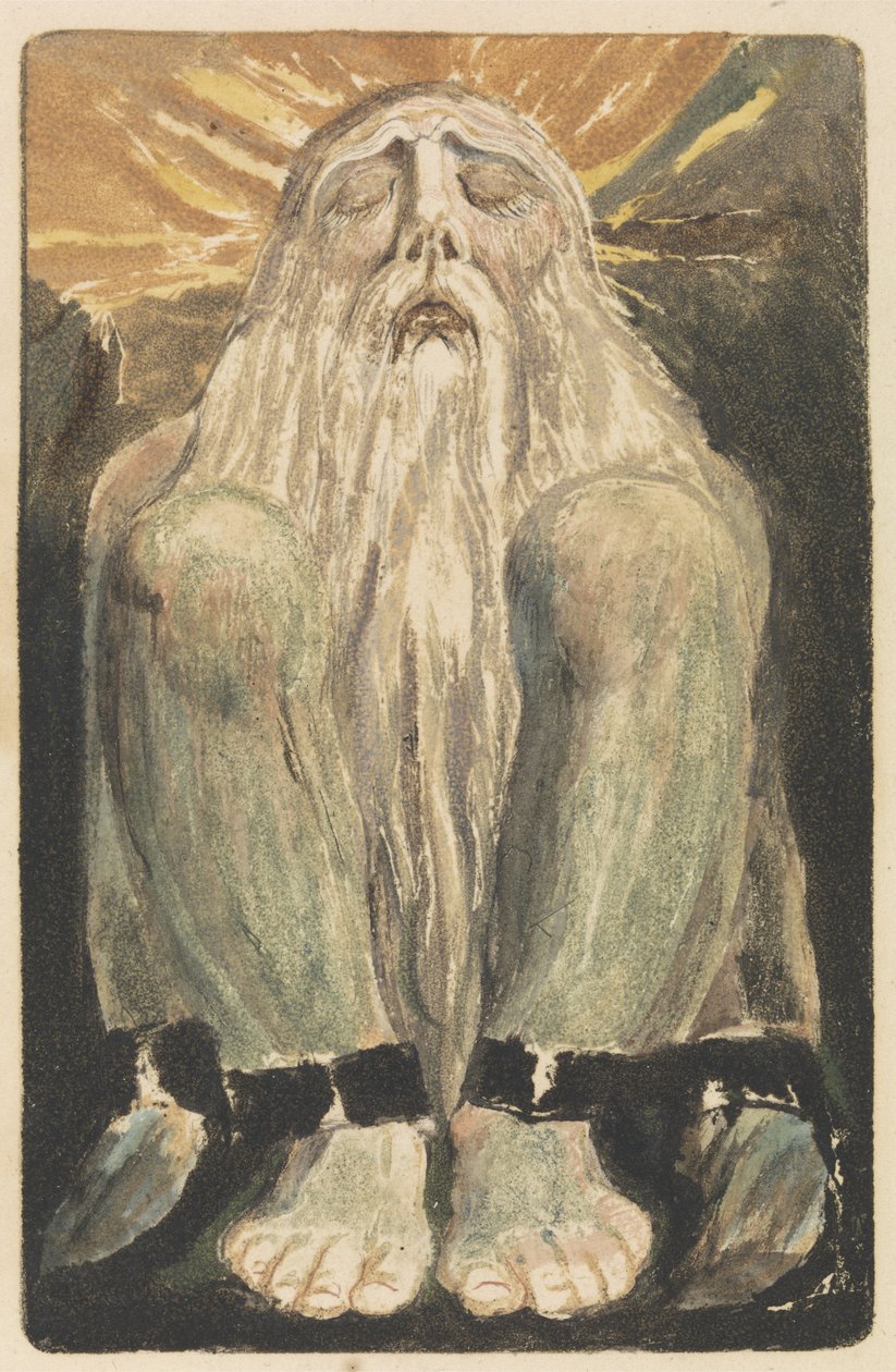 Ein nackter Mann mit langem weißen Bart sitzt auf dem Boden mit angezogenen Knien und geschlossenen Augen, Tafel 12 aus Das erste Buch Urizen von William Blake