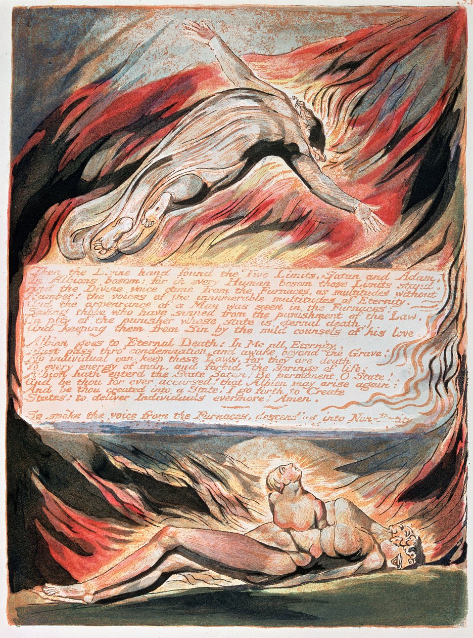 Jerusalem Die Emanation des Riesen Albion; Dann die göttliche Hand, die Christus zeigt, der über Albion schwebt, in dessen Brust die göttliche Hand die zwei Grenzen fand, Satan und Adam, 1804 (Reliefätzung) von William Blake