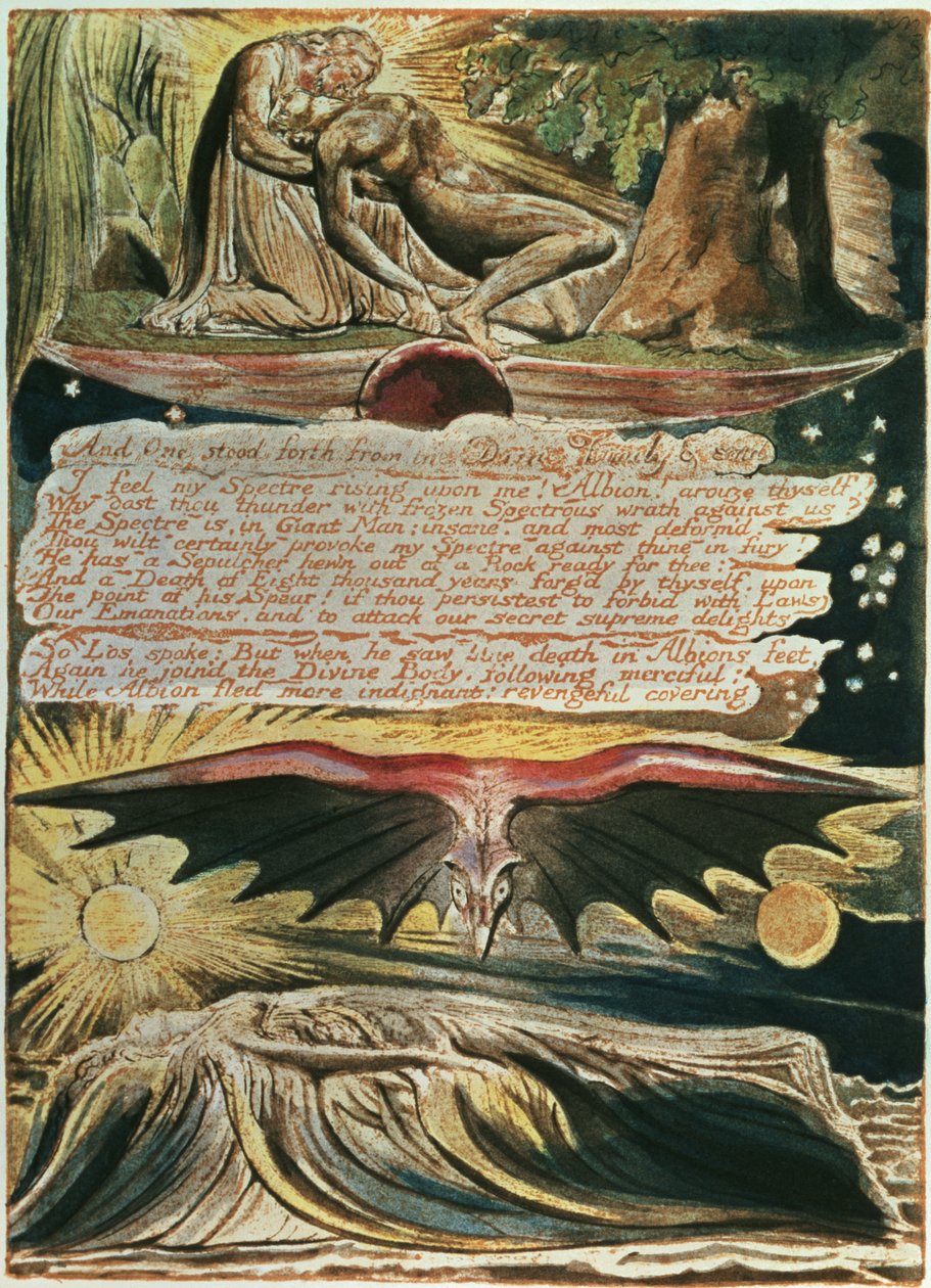 Jerusalem Die Emanation des Riesen Albion: Und einer trat hervor, von oben nach unten, Los unterstützt von Christus; Albions Beerdigung im Grab, 1804 von William Blake