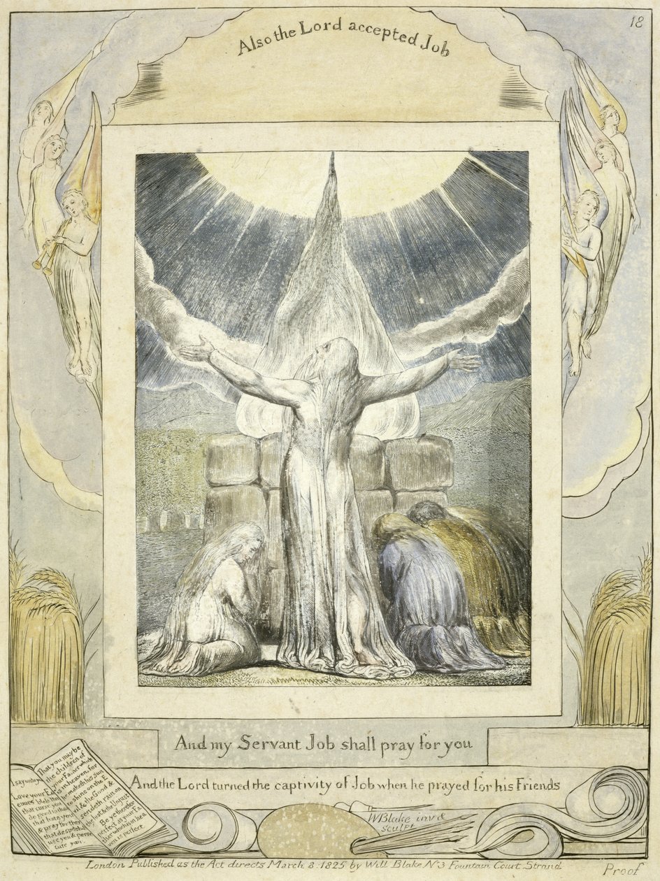 Hiob betet (pl.18) aus dem Buch Hiob, c.1793 (handgetönte Liniengravur) von William Blake