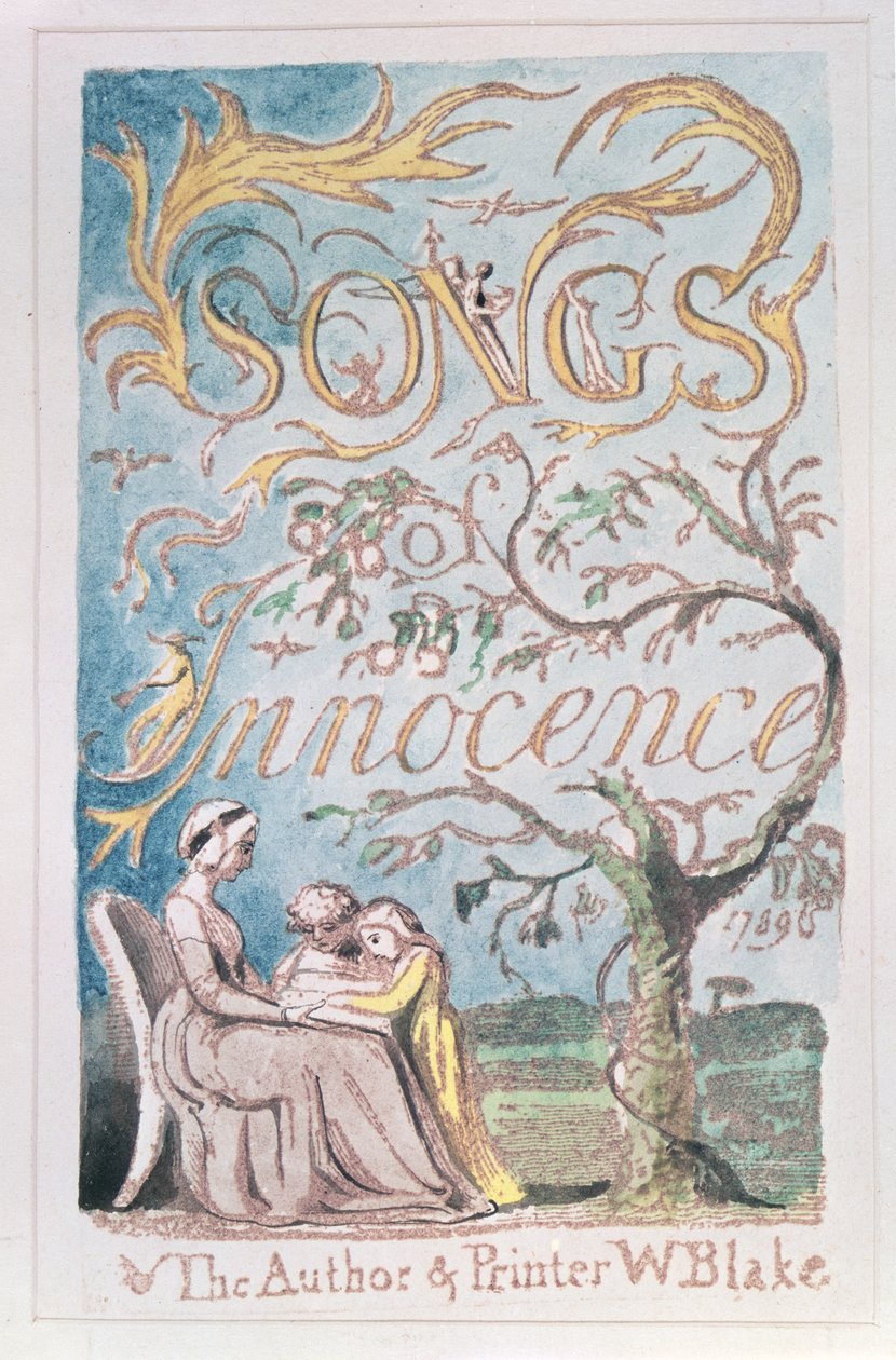 Lieder der Unschuld; Titelseite (Reliefätzung getönt mit Aquarell) von William Blake