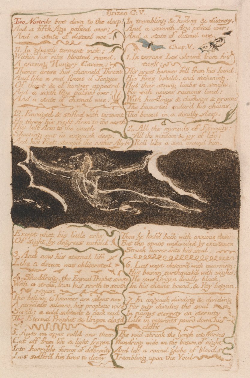 Das erste Buch von Urizen, Tafel 16, Zwei Nasenlöcher bogen sich nach unten in die Tiefe.... (Bentley 13) von William Blake
