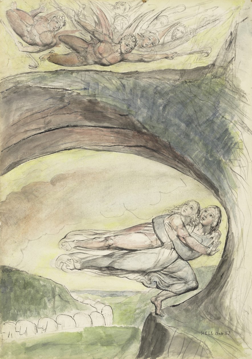Virgil rettet Dante vor den bösen Dämonen, Illustration zur Göttlichen Komödie von Dante Alighieri, 1824-27 von William Blake