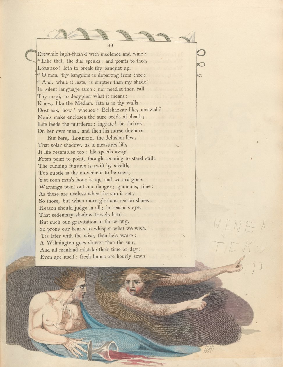 Youngs Nachtgedanken, Seite 33, Wie das Zifferblatt spricht; und auf dich zeigt von William Blake
