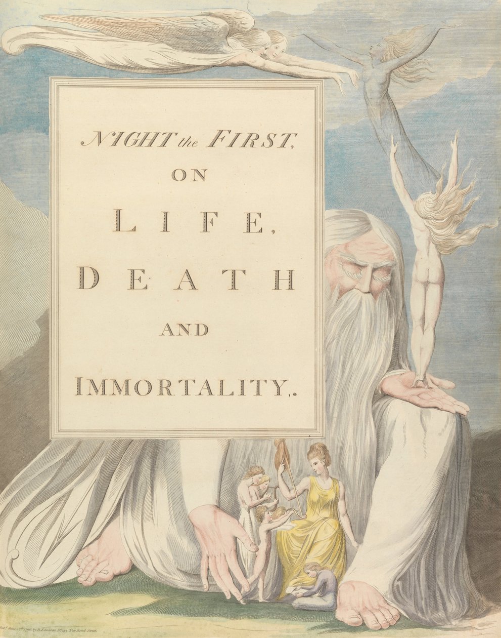 Youngs Nachtgedanken, Titelseite, Nacht die Erste, Über Leben, Tod und Unsterblichkeit von William Blake