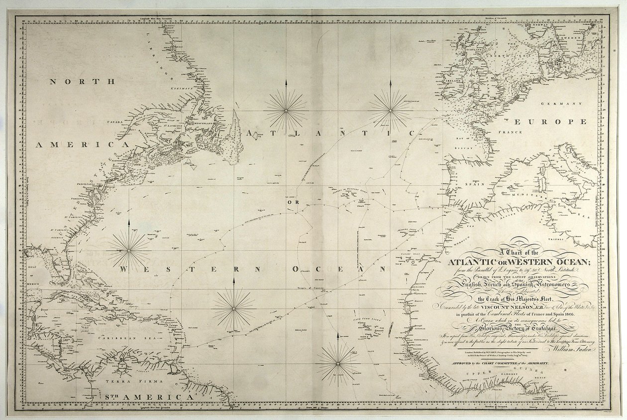 Eine Karte des Atlantischen oder Westlichen Ozeans, die die Route von Nelsons Flotte zeigt, 12. Mai-15. August 1805, 1807 von William Faden