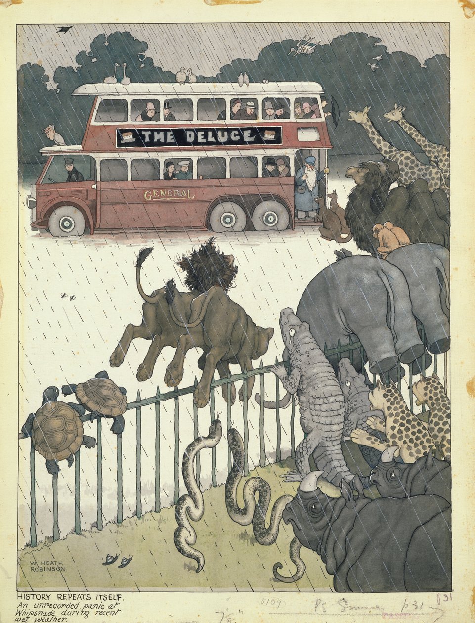 Die Geschichte wiederholt sich: Eine unaufgezeichnete Panik in Whipsnade bei kürzlich nassem Wetter von William Heath Robinson