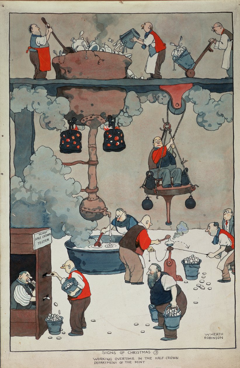 Zeichen von Weihnachten. Überstunden in der Halbkronenabteilung der Münzanstalt von William Heath Robinson