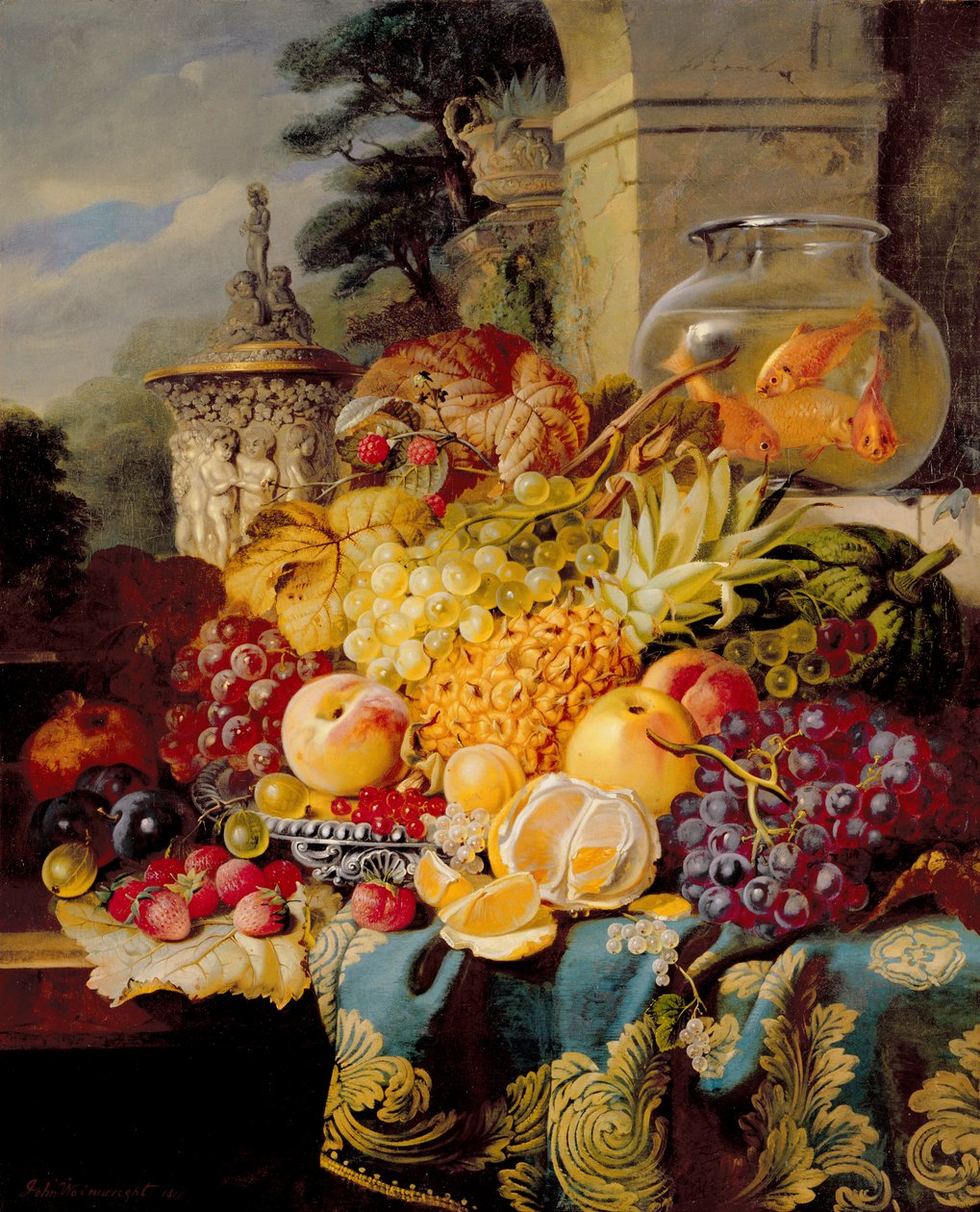 Stillleben mit Früchten auf einem Sims mit einem Goldfischglas, 1876 von John Wainwright