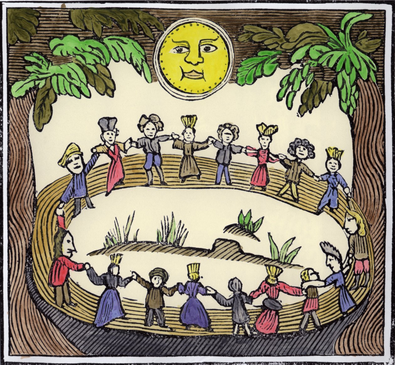 Hexenkreis tanzt unter einem Vollmond, Illustration aus einer Sammlung von Chapbooks über Esoterik von William Linnell