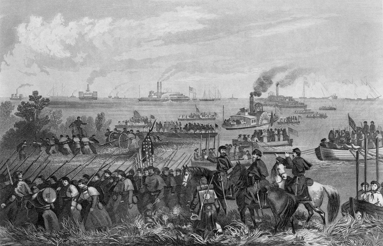 Landung der Truppen auf Roanoke Island, Burnside-Expedition, 8. Februar 1862, graviert von George E. Perine von William Momberger