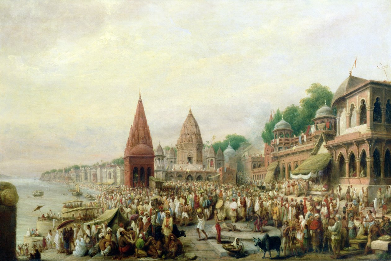 Ein Blick auf Dasaswanadh Ghat, Benares, während des Dassera-Festivals von William Prinsep