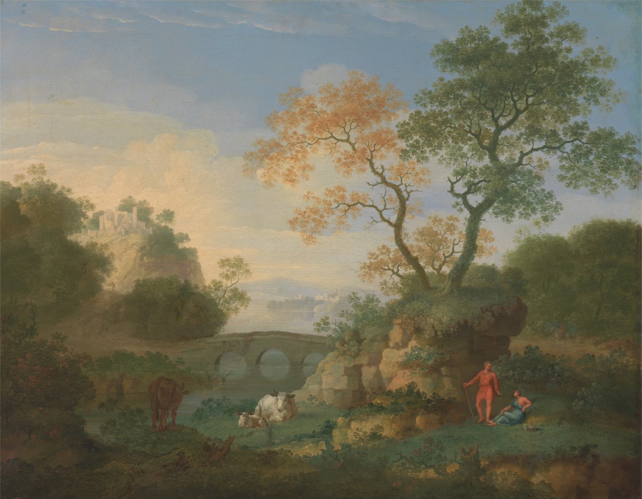 Landschaft mit fernen klassischen Ruinen, einer Brücke, Figuren und Vieh von William Smith