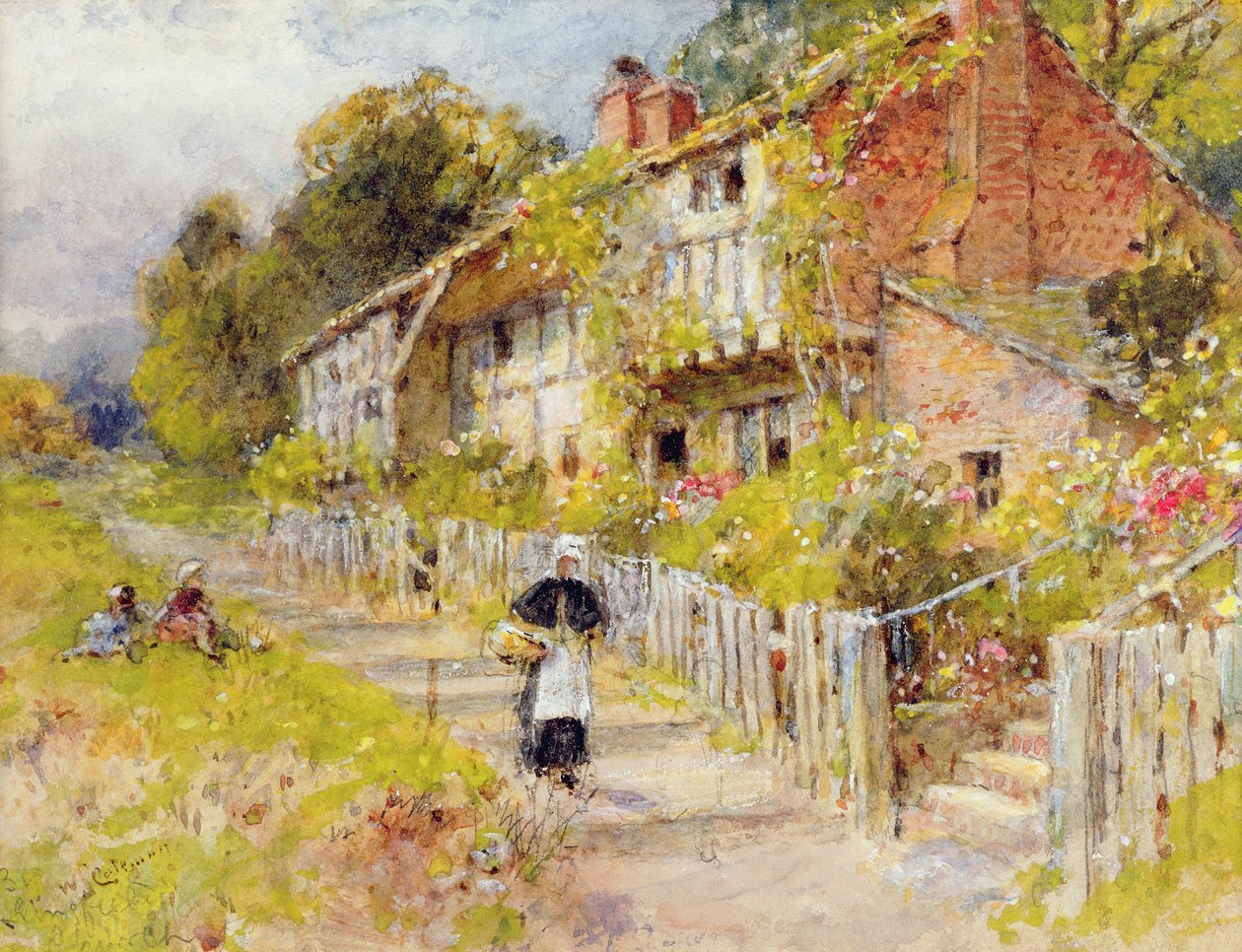 Reihe von Cottages mit einer Figur und spielenden Kindern von William Stephen Coleman