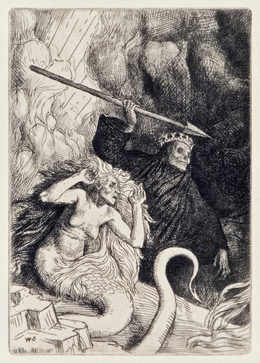Sünde und Tod an den Toren der Hölle aus Das verlorene Paradies von John Milton, eine Serie von 12 Illustrationen von William Strang von William Strang