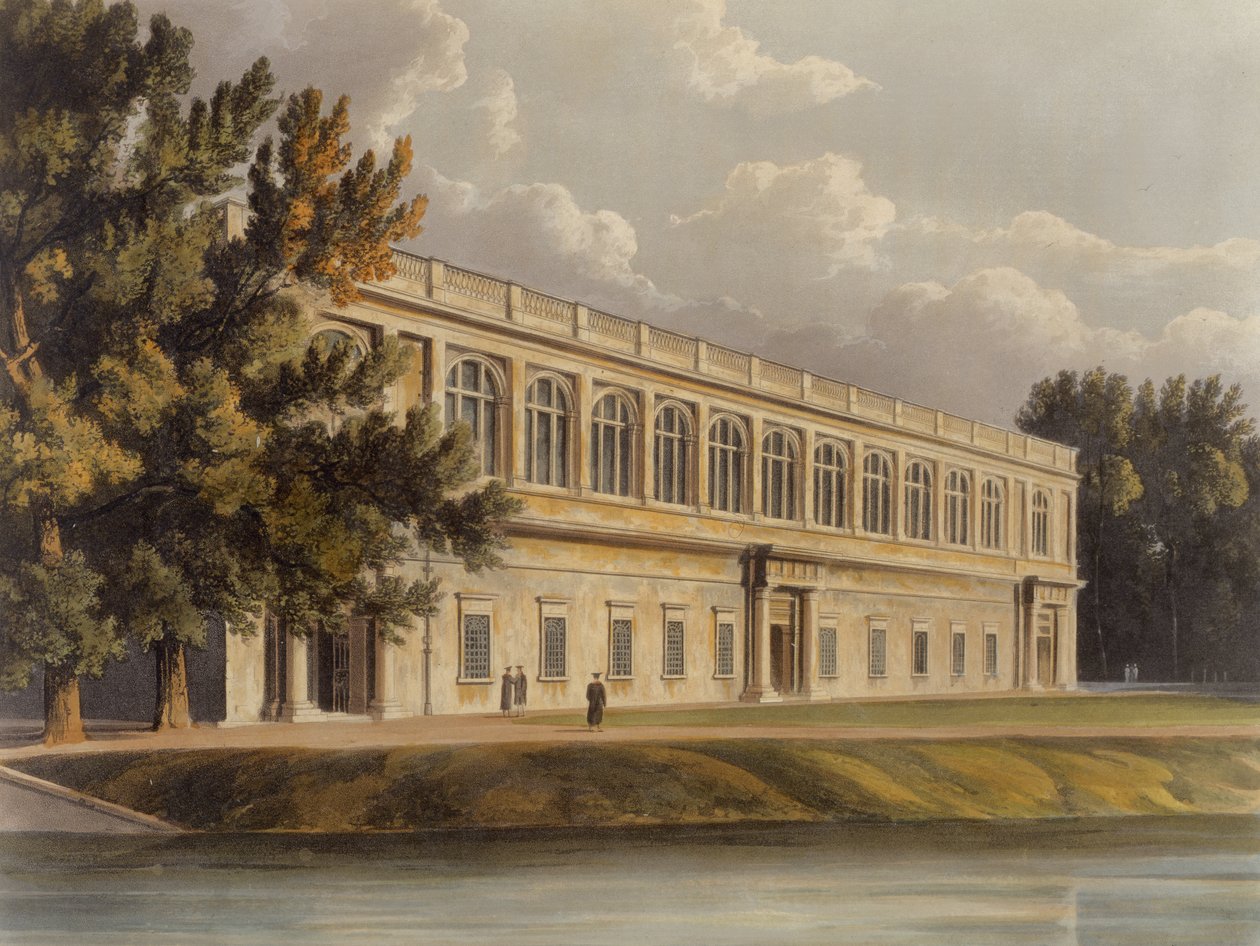 Außenansicht der Trinity Library von den St. Johns Gardens, Cambridge, aus The History of Cambridge, graviert von Joseph Constantine Stadler, veröffentlicht von R. Ackermann, 1815 von William after Westall