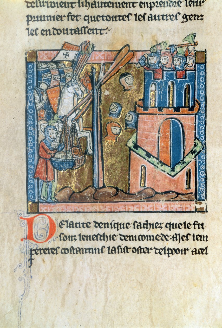 Fr.2630 f.22v Kreuzfahrer bombardieren Nicaea mit Köpfen im Jahr 1097, aus der Estoire d